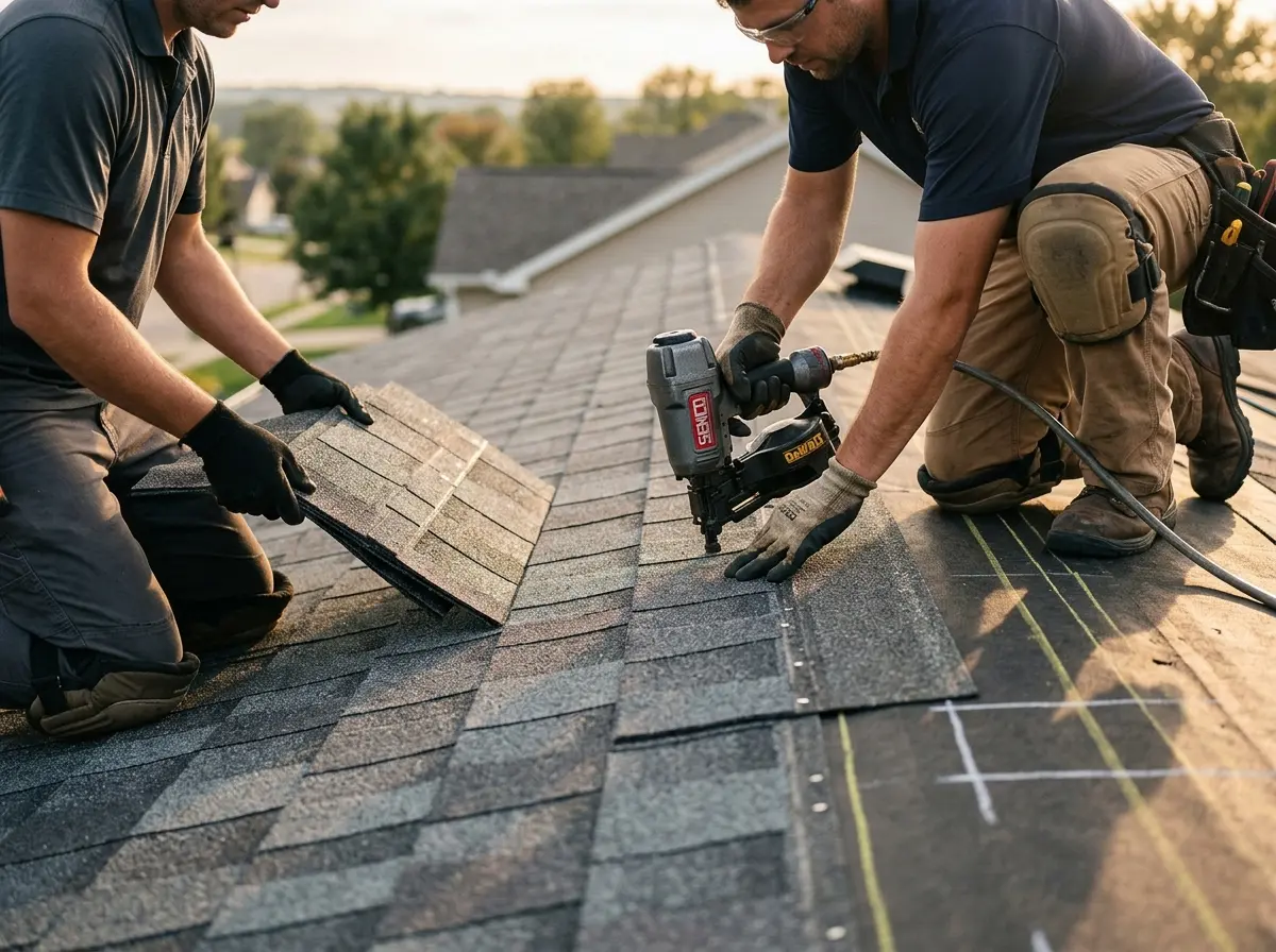 Professional roofer working on a residential roof in Tega Cay
